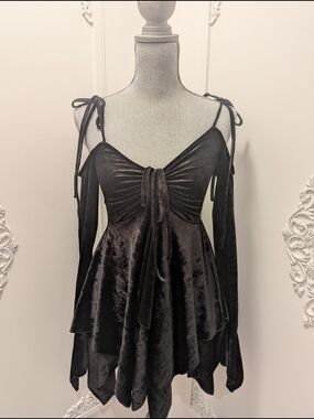 Current Mood Velvet Black Tie-Shoulder Handkerchief Hem Dress